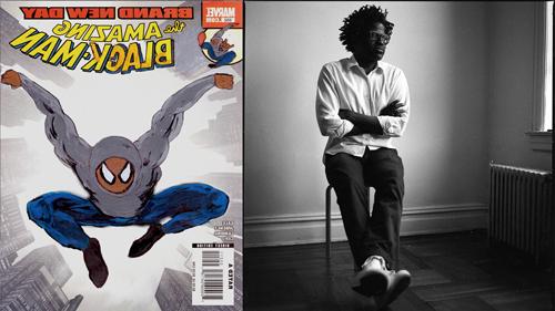 KumKumasi J. Barnett sitting on basic stool in empty room in black and white photograph and Amazing Blackman comic cover